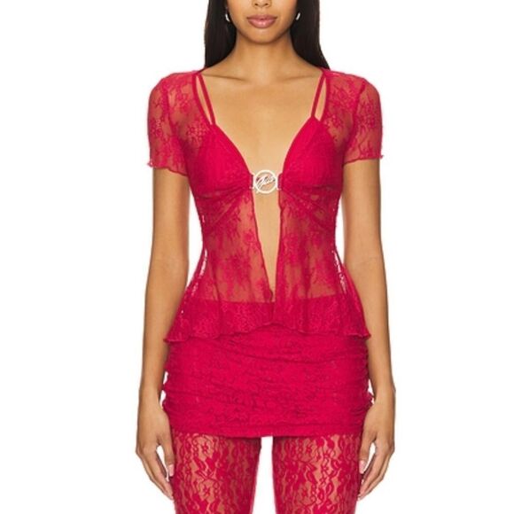 I.AM.GIA x REVOLVE Jacquey Top Red lace logo metal clasp open cropped Revolve XS - Picture 4 of 13